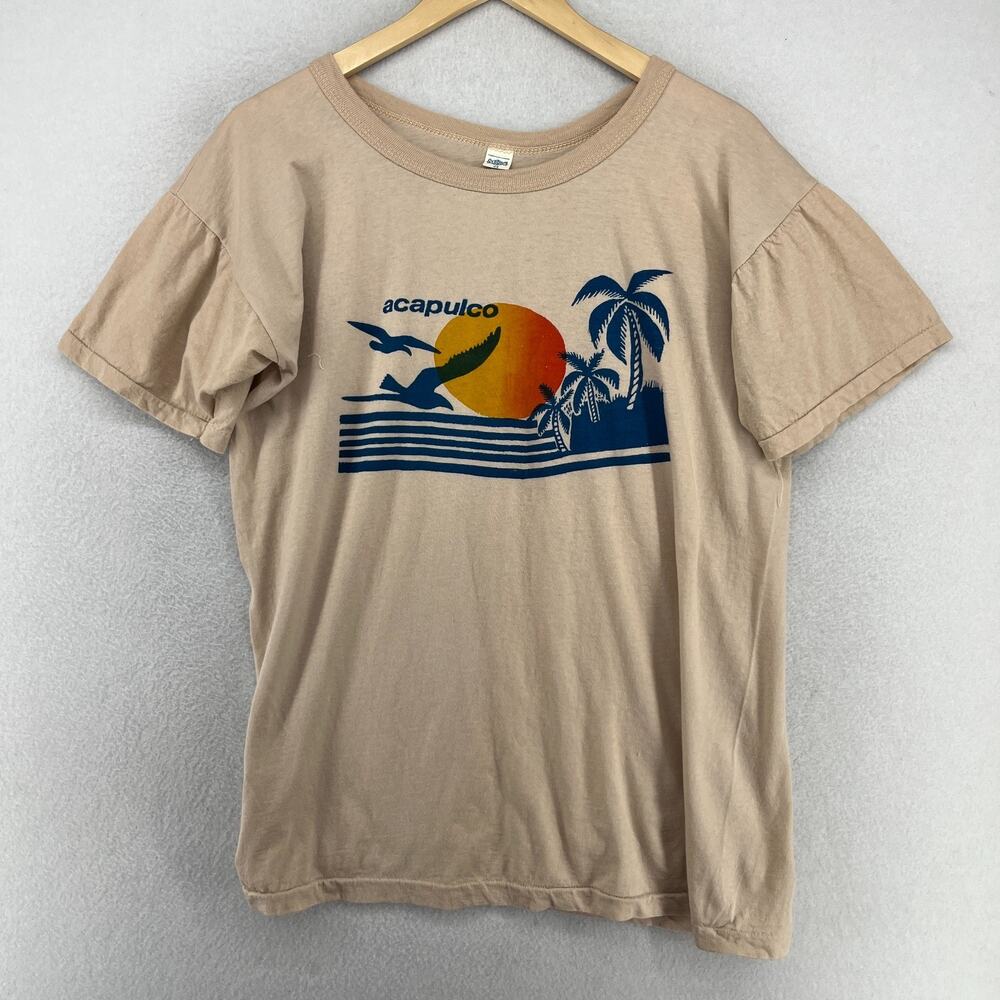 ACAPULCO Shirt Men 44 L Beach Sunset 80s Guerrero Mexico Single Stitch Brown VTG